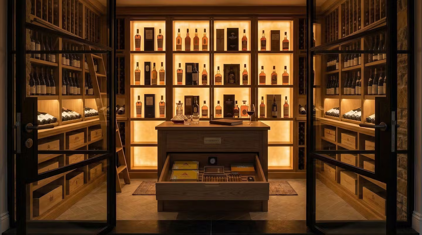 Wine cellar conversion with custom bottle racking and mood lighting