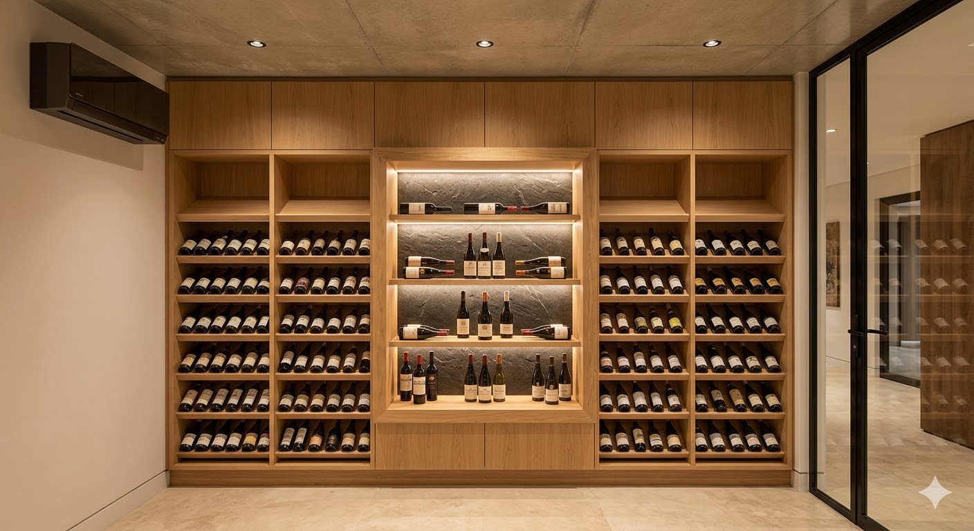 Bespoke home bar with elegant wine display and pendant lighting